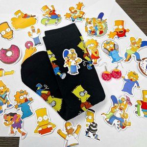 New Pair of Black Bart Simpsons Socks + Earrings + The Simpsons Themed Stickers